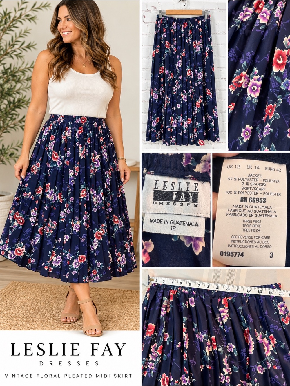 Vintage Leslie Fay Dresses Size 12 Navy Floral Pleated Midi Skirt